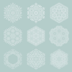 Set of vector white snowflakes. Fine winter white ornaments. Snowflakes collection. Snowflakes for backgrounds and designs