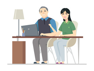 Senior Chinese man at the computer - flat design style illustration