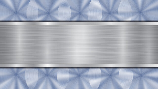 Background consisting of a blue shiny metallic surface and one horizontal polished silver plate located centrally, with a metal texture, glares and burnished edges