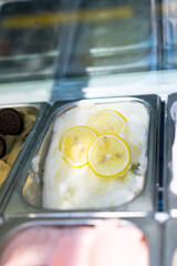 lemon ice cream sorbet, Italian gelato, frozen lemon yogurt, vegan ice cream, healthy snack, selective focus