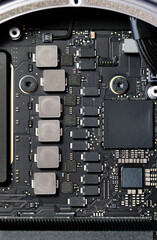 Fototapeta premium Disassembled computer inside of device desktop close up view background