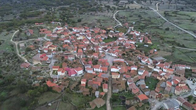 Beautiful small village in natural landscape of Salamanca,Spain. Aerial Drone Footage