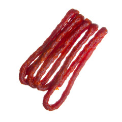 Long thin smoked sausages on white background isolation, top view