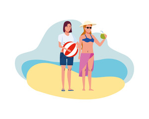 young women wearing swimsuit with balloon and coconut cocktail characters