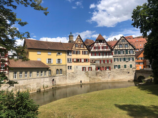Schwäbisch Hall, Germany - July 11, 2020: kocher riverside in Schwaebisch Hall, Baden-Wuerttemberg, southwest Germany