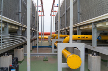 Chiller tower or cooling tower on rooftop of a office building. System work. Architecture machine....