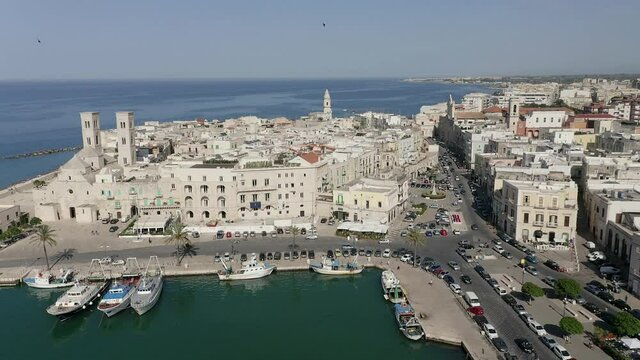 Aerial view:flight at old town and port, Dom Duomo Vecchio, San Corrado, Molfetta, Province of Bari, Apulia, Italy
