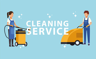 housekeeping couple workers with tools characters