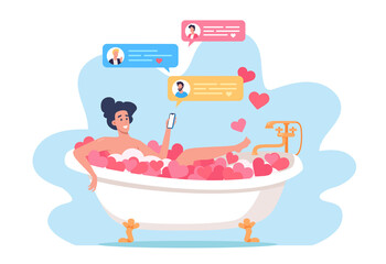 Young woman taking bath and sending messages 