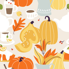 Vector illustration autumn mood. Fall season items background. Forest dried leaves, pumpkins, berries, hot drinks decorative composition. Seamless pattern.