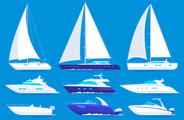 Set of yachts and boats. Sea travel. Vector illustration