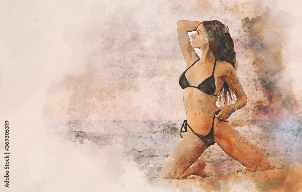 Wall mural Sexy woman in bikini posing near the sea. Watercolor image