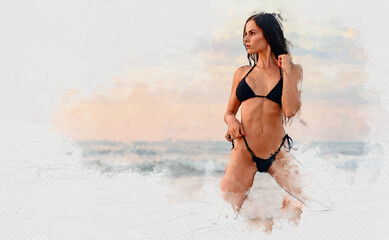 Fototapeta premium Sexy woman in bikini posing near the sea. Watercolor image
