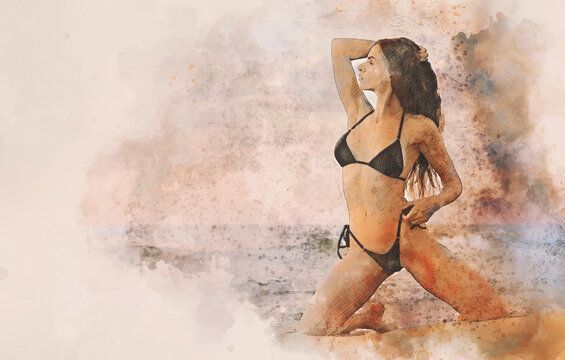 Sexy woman in bikini posing near the sea. Watercolor image