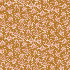 Flowers and dots seamless vector pattern in ochre and pinik. Decorative girly surface print design for fabrics, stationery, scrapbook paper, packaging, and gift wrap.