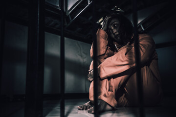 Portrait of women desperate to catch the iron prison,prisoner concept,thailand people,Hope to be...