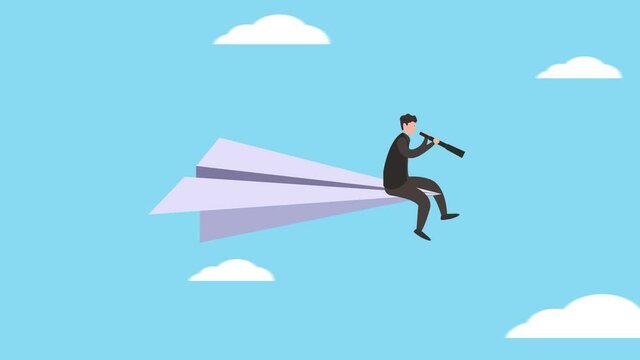 Young businessman using telescope on a paper plane