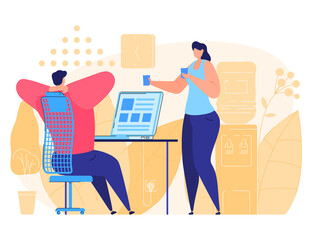 Teamwork. People work in the office. People work with laptop. They drink tea, coffee, water. People help others in their work. Flat Vector Illustration