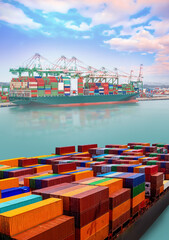 Logistics and transportation of International Container Cargo ship at port