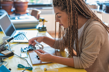 Technician checks the electronic device stock photo