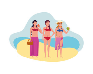 young women wearing swimsuit with cocktails and basket characters