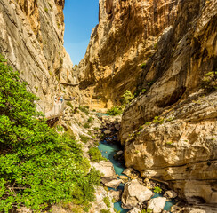 A view of the gorge of the Gaitanejo river  and the Caminito del Rey pathway following its course near Ardales, Spain in the summertime