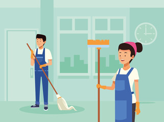 housekeeping couple workers with tools characters