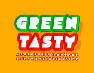 Vector creative emblem Green Tasty. Red and White sticker Font. Abstract creative Alphabet Letters and Numbers
