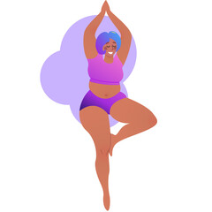 Plus size black curvy lady doing yoga class. Vector illustration isolated on white. Online home workout concept. Body positive. Attractive African American woman. Tree Pose, Vrksansana.