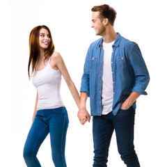 Happy lovers concept - young attractive couple walking together, going somewhere, holding hands. Isolated over white background. Caucasian models at studio portrait image. Man and woman. Square photo.