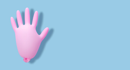 Pink inflated medical glove on a blue background. Banner. Prevention of coronavirus, covid-19. Minimal healthcare concept.