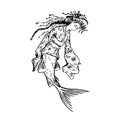 Vector mermaid Koi carp in Heian era vintage retro traditional Japanese dress, Japanese antique fashion, black ink sketch illustration isolated on white, coloring page