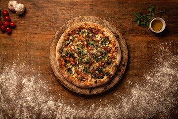 Top down pizza on wooden table for restaurant menu