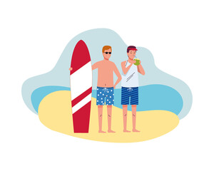 men wearing beach suits with surfboard and coconut characters