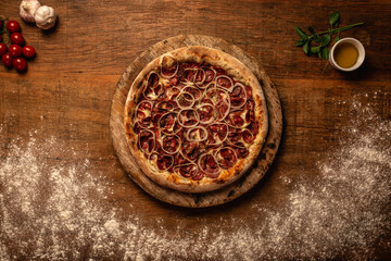 Top down pizza on wooden table for restaurant menu