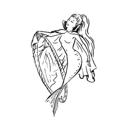 Vector mermaid vampire in cloak with no reflection in mirror, Halloween costume spooky mermaid, black ink sketch illustration isolated on white, coloring page or fairy tale book