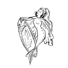 Naklejka premium Vector mermaid vampire in cloak with no reflection in mirror, Halloween costume spooky mermaid, black ink sketch illustration isolated on white, coloring page or fairy tale book