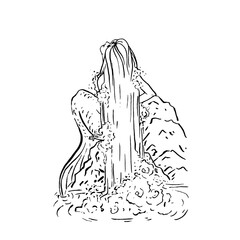 Vector Mermaid illustration black isolated on white, coloring page or fairy tale nymph illustration, mermaid with water hair as waterfall