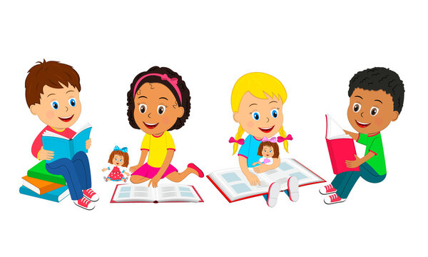 kids,boys and girls sit on the floor and read book,illustration,vector