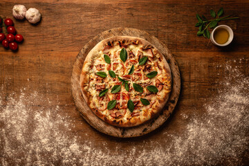Fototapeta na wymiar Top down pizza on wooden table for restaurant menu