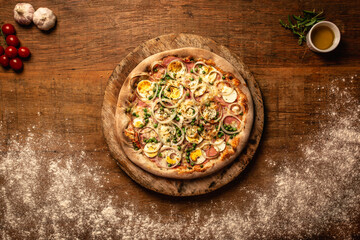Top down pizza on wooden table for restaurant menu