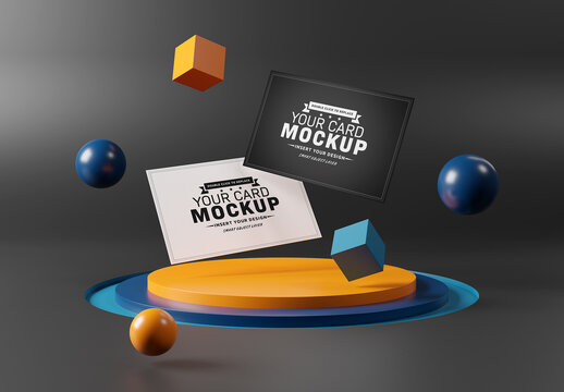 Floating Business Cards on Stage Podium Mockup