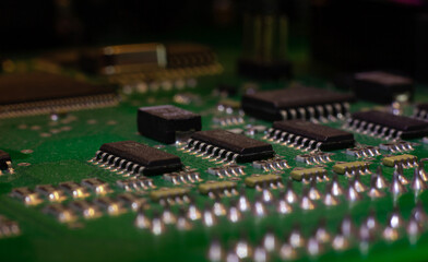 Printed circuit board with many electrical components. Technological equipment of modern data...