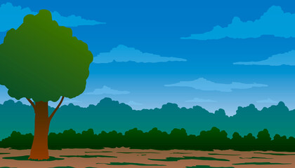 Vector landscape background. Green single tree among bushes. © evgenii141