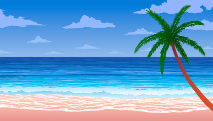 Palm tree on sandy calm ocean shore 