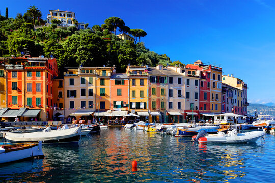 Beautiful Portofino cityscape, best touristic Mediterranean place with typical colorful buildings and famous luxury harbor, Portofino, Liguria, Cinque Terre, Italy, Europe