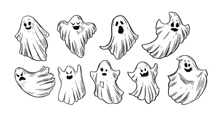 Set of cartoon halloween ghosts. Vector outline illustration.
