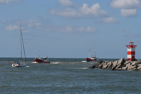 Zwei rote und eine weißer Schiff fahren auf das Meer. Unzählige Möwen fliegen umher . Auf der rechte Seite des Bildes sind noch große Betonsteine zu sehen.