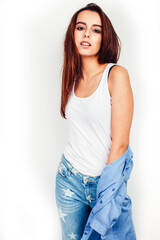 young pretty stylish brunette hipster girl posing emotional isolated on white background happy smiling cool smile, lifestyle people concept