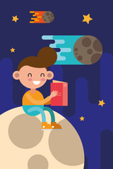 little student boy reading book in the moon comic character